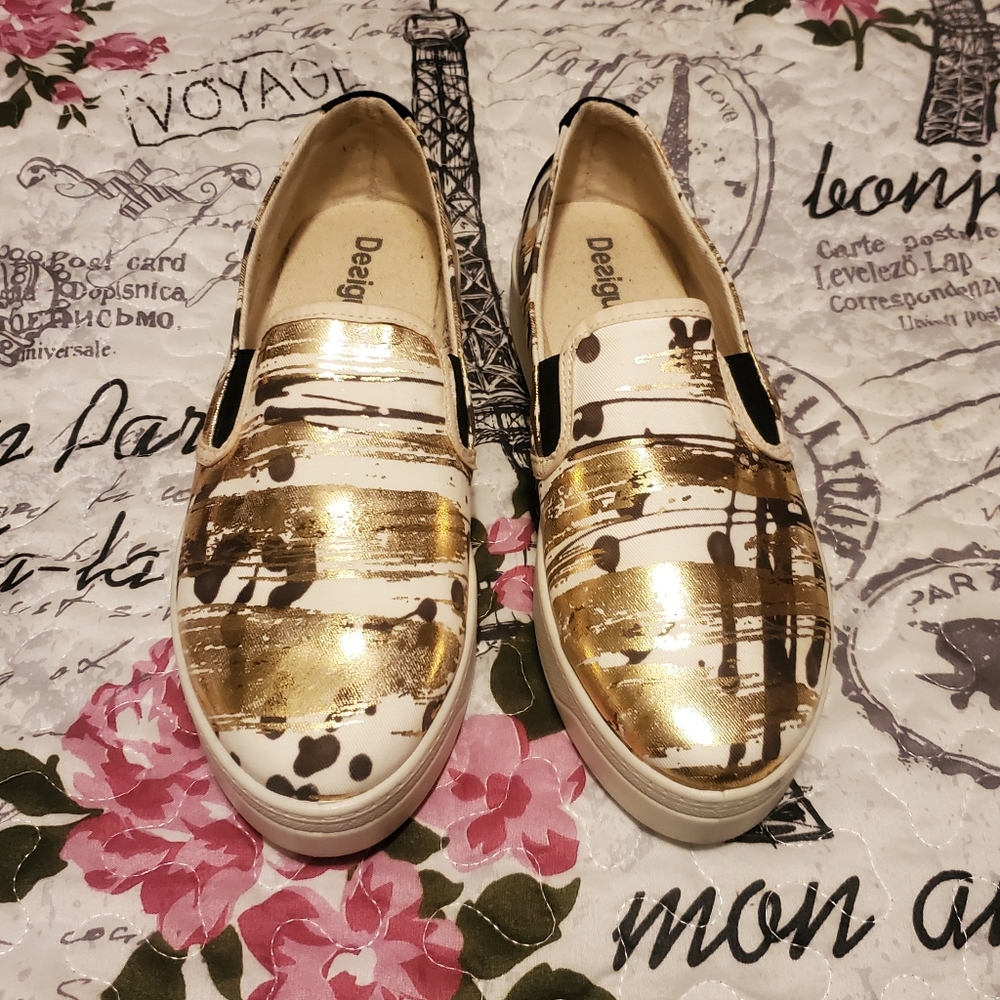 Desigual Terrenal Gold Graffiti Slip On Van-type Sneakers Size 38